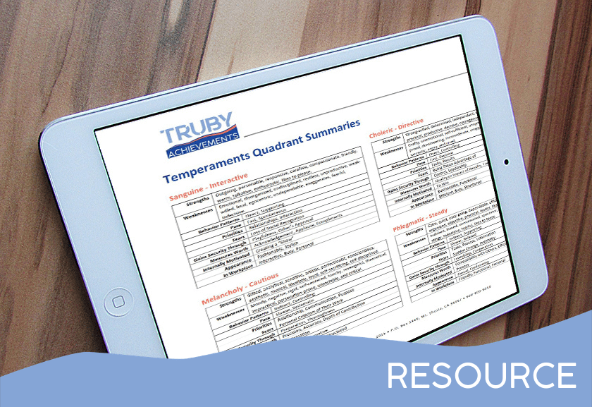 table mockup showing four personality temperament types - from truby achievements membership, leading source of leadership training