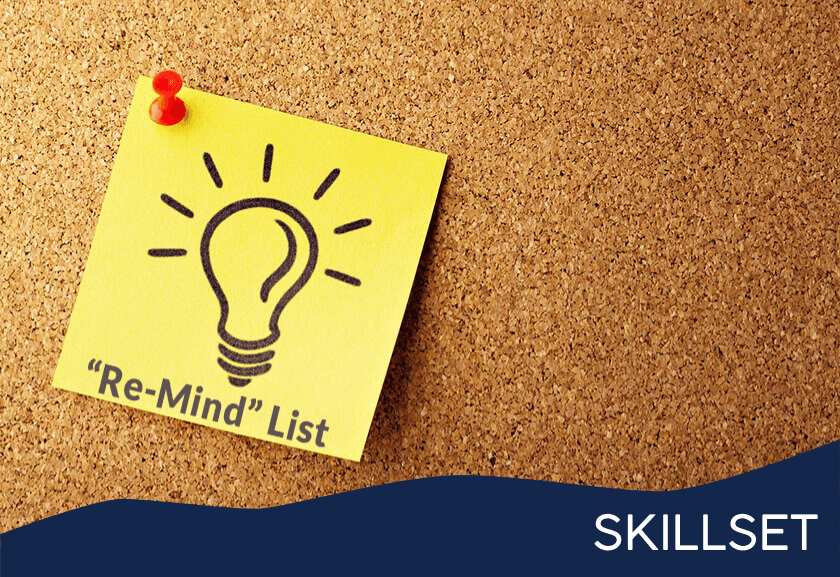 a yellow sticky note saying re-mind list on a corkboard - featured image for re-mind list skillset from truby achievements