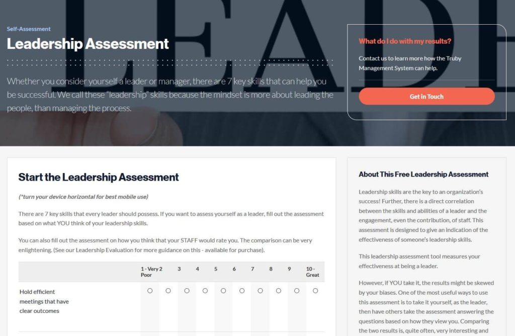 screenshot of the leadership assessment on the Truby achievements website - image for the Truby achievements blog article 7 key leadership skills