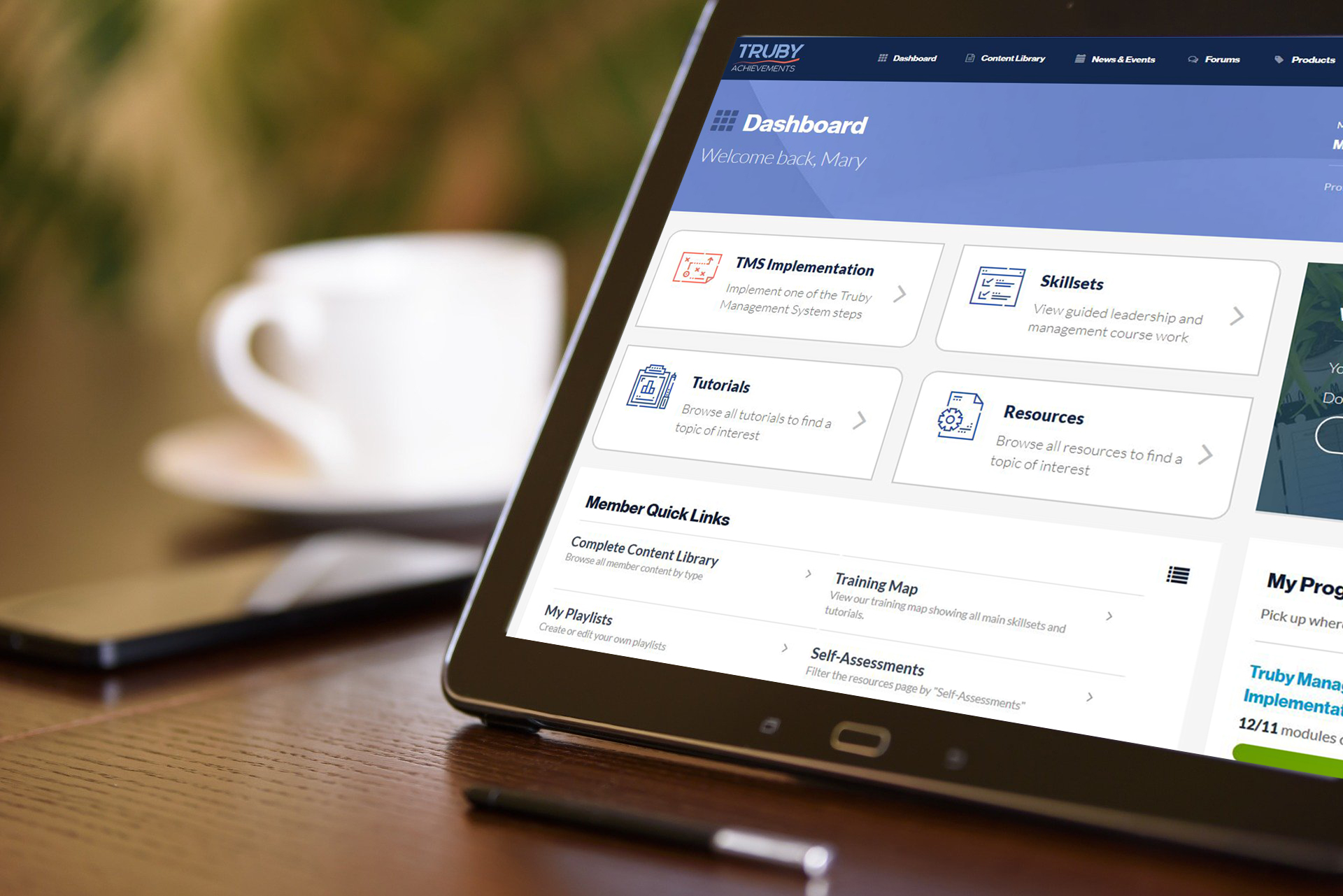 view of the membership site from a tablet - leadership and management training site for the truby achievements membership site