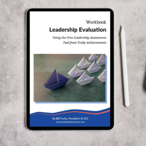 tablet mockup showing the digital download product - leadership evaluation workbook by Truby Achievements