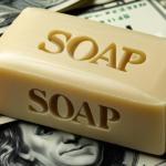 A beige bar of soap labeled "SOAP" rests on top of scattered U.S. $100 bills, symbolizing the unexpected connection between simplicity and business success – featured image for The Soap Effect: The Overlooked Secret to Predictable Profit by Truby Achievements.