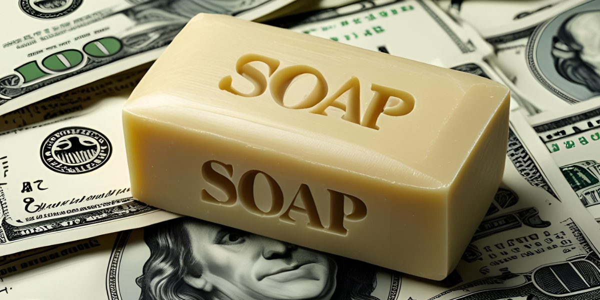 A beige bar of soap labeled "SOAP" rests on top of scattered U.S. $100 bills, symbolizing the unexpected connection between simplicity and business success – featured image for The Soap Effect: The Overlooked Secret to Predictable Profit by Truby Achievements.