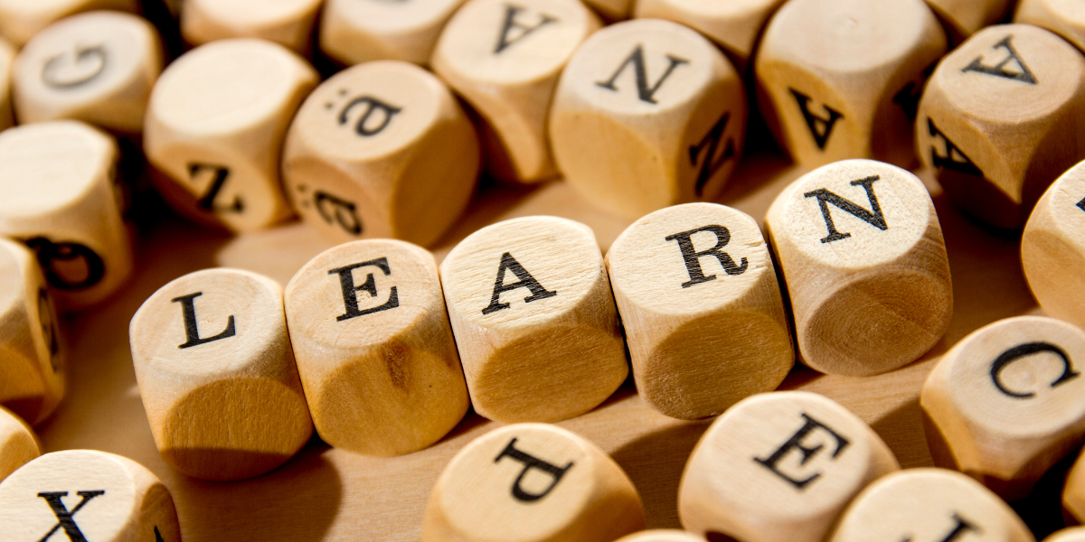 cubes with letters scatttered with "learn" visible - featured image for learning from everything achievement nudge blog by truby achievements
