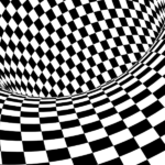 A black-and-white optical illusion image with a warped checkerboard pattern, creating the appearance of a swirling vortex or distorted tunnel – featured image for blog End of History Illusion by Truby Achievements.