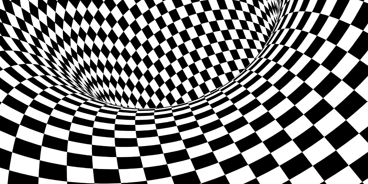 A black-and-white optical illusion image with a warped checkerboard pattern, creating the appearance of a swirling vortex or distorted tunnel – featured image for blog End of History Illusion by Truby Achievements.